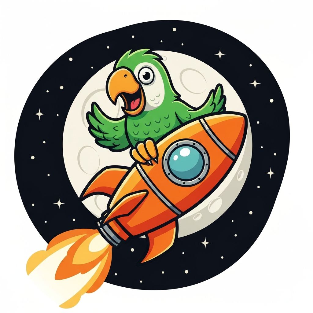 Rocket Parrot mascot riding through space